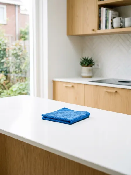 Blauwe microvezeldoek op een schoon wit keukenblad in een lichte keuken